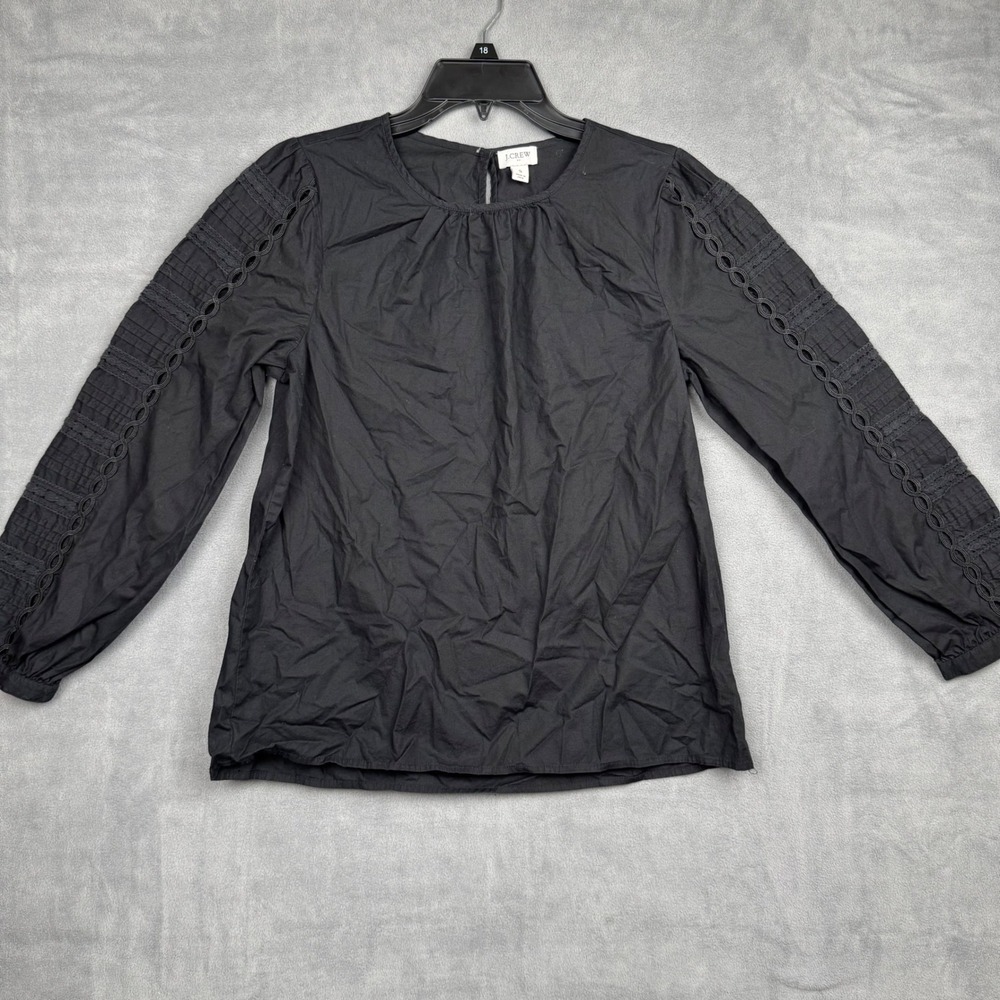 J Crew‎ Black Embroidered Sleeve Cotton Peasant Blouse Top Womens Small